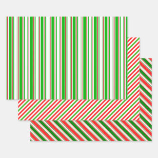 Red, White, Green Coloured Christmas-Themed Lines Wrapping Paper Sheet