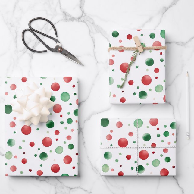 Red White Green Dots Birthday Wrapping Paper Sheet (Front)