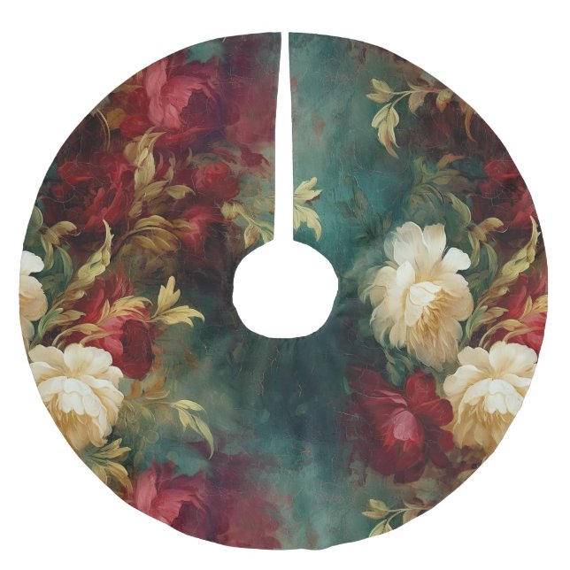Red White Green Flowers Brushed Polyester Tree Skirt (Front)