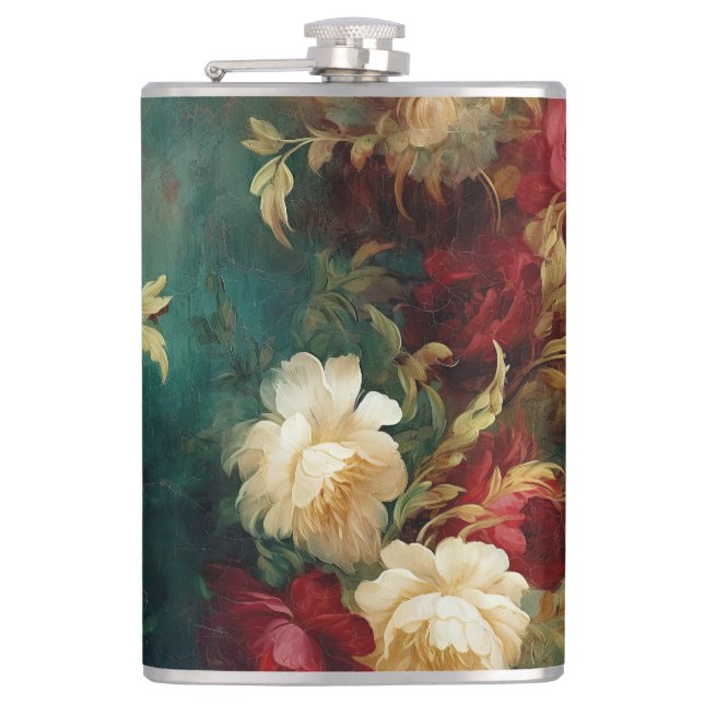 Red White Green Flowers Hip Flask (Front)