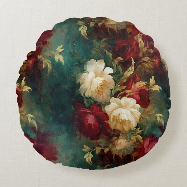 Red White Green Flowers Round Pillow (Front)