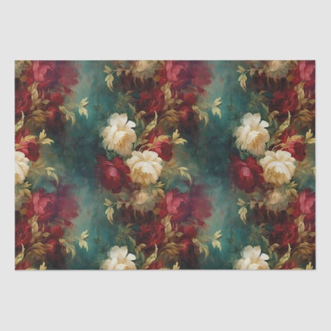 Red White Green Gold Flowers Tissue Paper (Front)
