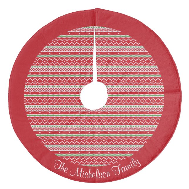 Red White Green Knit Sweater Pattern Personalized Fleece Tree Skirt (Front)