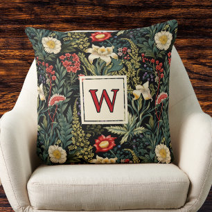 Red White Green Lilies Dahlias Floral Monogram Throw Pillow