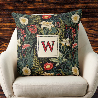 Red White Green Lilies Dahlias Floral Monogram Throw Pillow