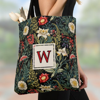 Red White Green Lilies Dahlias Floral Monogram Tote Bag
