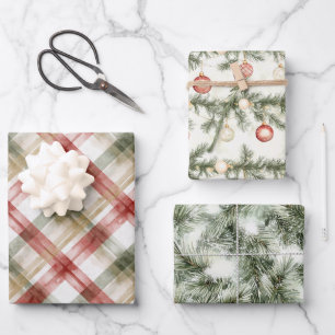 Red White Green Plaid Stripes Christmas Tree   Wrapping Paper Sheet