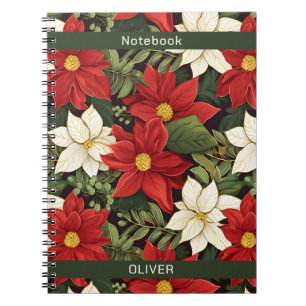Red White Green Poinsettia Flowers Pattern name Notebook