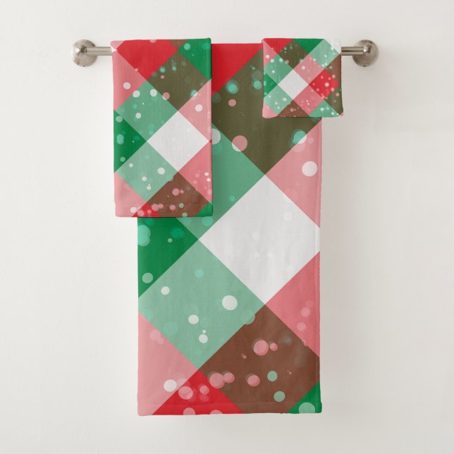 Red White Green Spotty Checkered Christmas Pattern Bath Towel Set (Insitu)