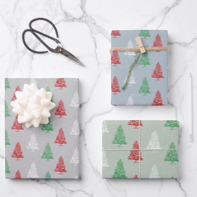 Red White Green Stamped Snowy Christmas Trees Wrapping Paper Sheet (Front)