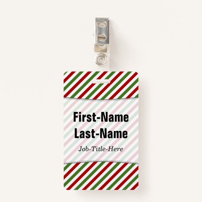Red, White & Green Striped Pattern; Custom Name Badge (Front with Clip)