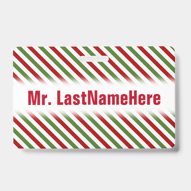 Red, White & Green Striped Pattern + Teacher Name Badge (Front)
