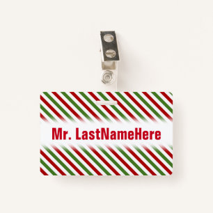 Red, White & Green Striped Pattern + Teacher Name Badge