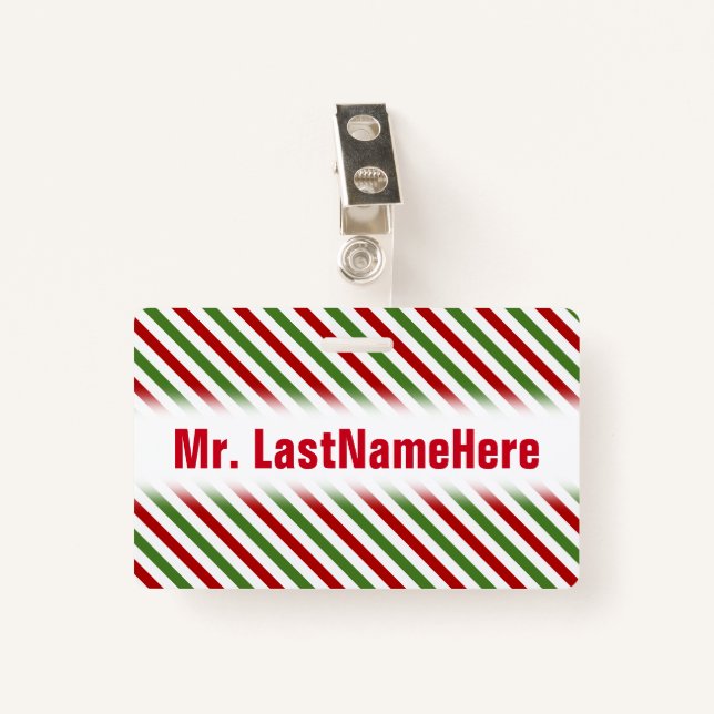 Red, White & Green Striped Pattern + Teacher Name Badge (Front with Clip)