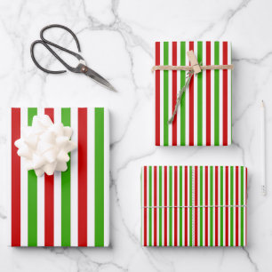 Red White Green Stripes Pattern Christmas Wrapping Paper Sheet