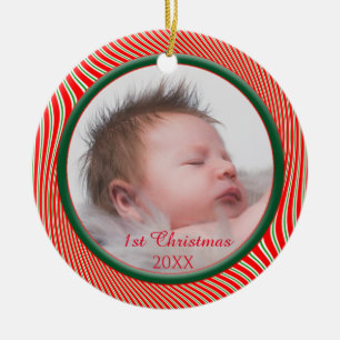Red White Green Swirled Stripes Photo Christmas Ceramic Ornament