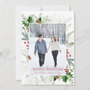 Red White Greenery Photo Merry Christmas Holiday Card