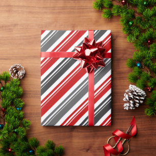 Red White Grey Candy Cane Stripe Holiday Wrapping Paper