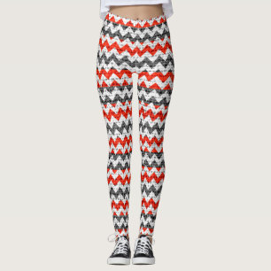 Red White Grey Chevron Pattern Burlap Look Leggings