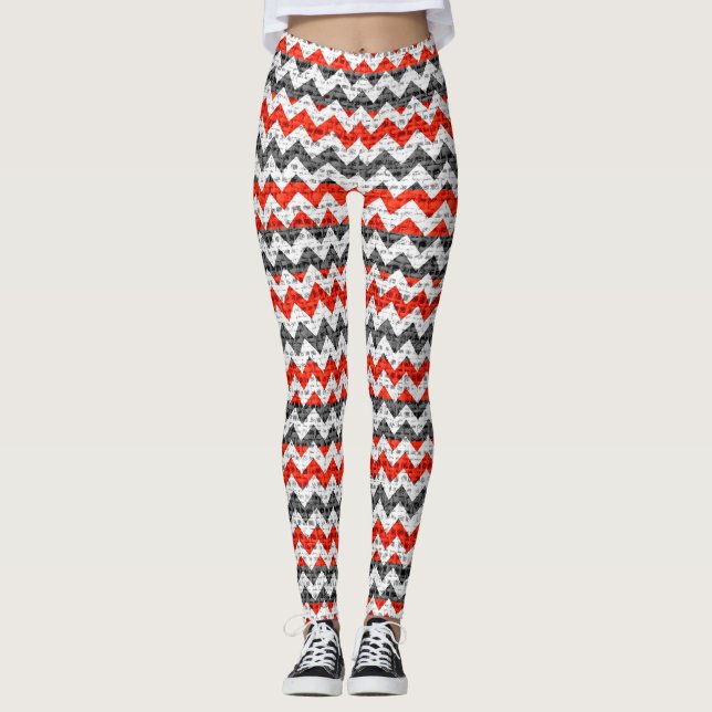 Red White Grey Chevron Pattern Burlap Look Leggings (Front)