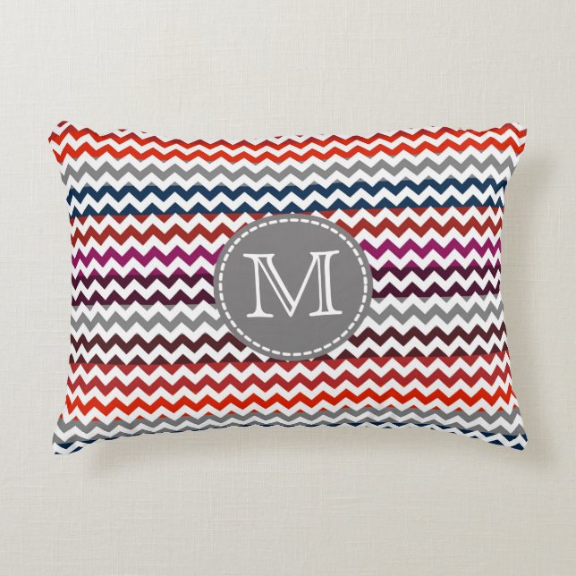 Red White Grey Chevron Zigzag Monogram Accent Pillow (Front)