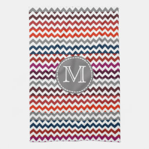 Red White Grey Chevron Zigzag Monogram Kitchen Towel