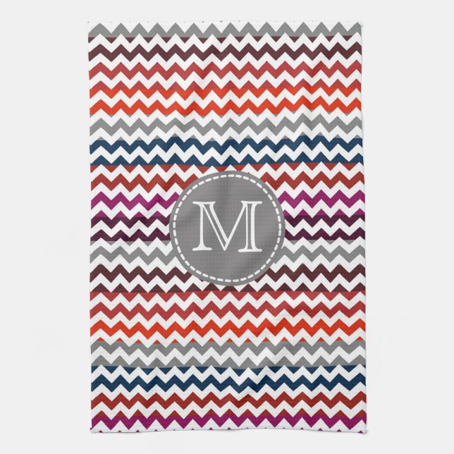 Red White Grey Chevron Zigzag Monogram Kitchen Towel (Vertical)