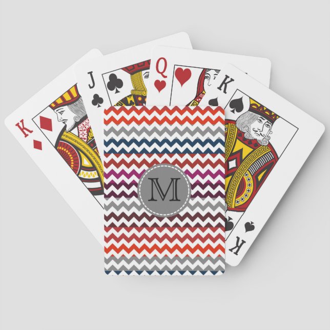 Red White Grey Chevron Zigzag Monogram Playing Cards (Back)