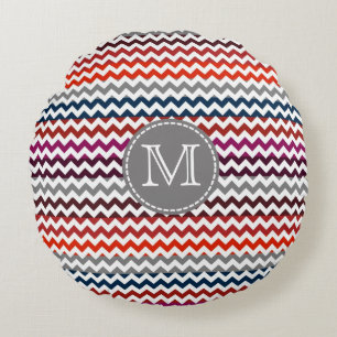 Red White Grey Chevron Zigzag Monogram Round Pillow