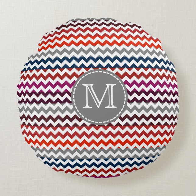 Red White Grey Chevron Zigzag Monogram Round Pillow (Front)