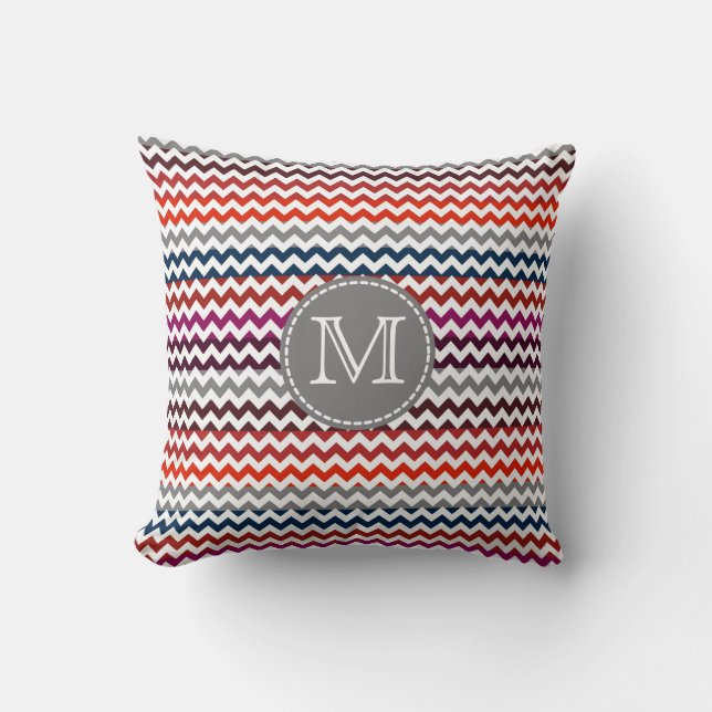 Red White Grey Chevron Zigzag Monogram Throw Pillow (Front)
