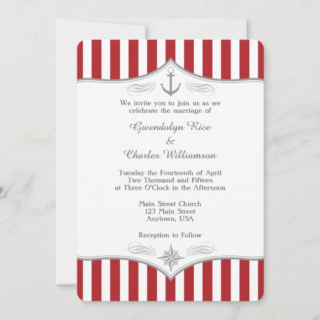Red White Grey Nautical Wedding Invitation (Front)