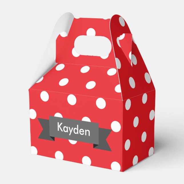 Red White Grey Polka Dot Custom Name Favor Box (Front Side)