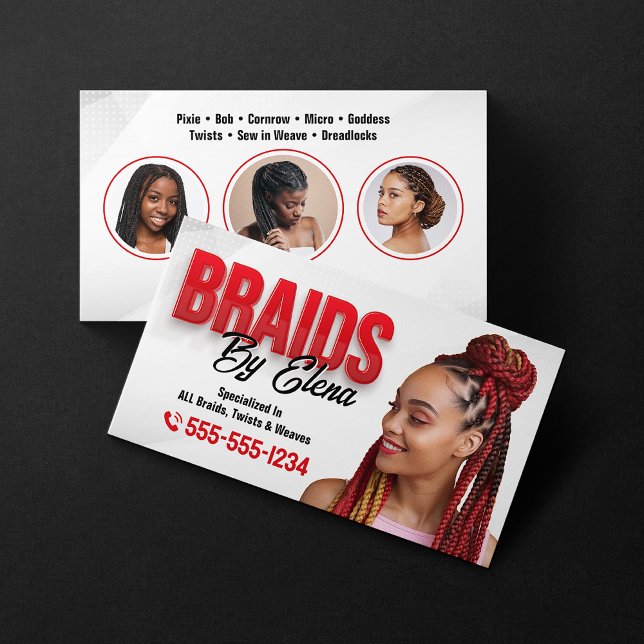 Red White Hair Braiding Hair Braider Braid Salon Business Card (Creator Uploaded)