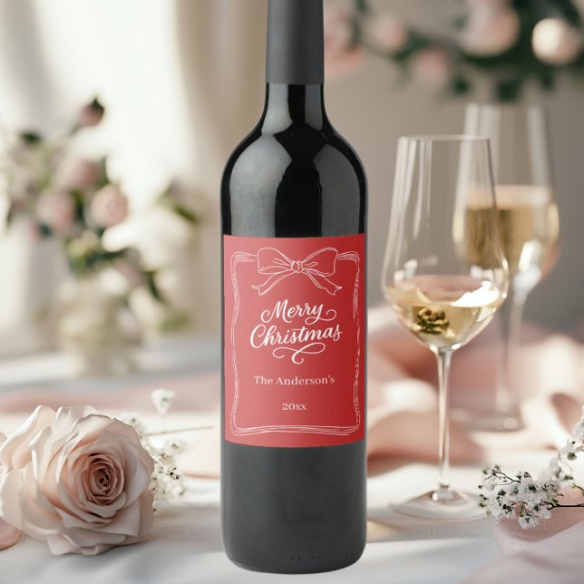 Red white hand-drawn bow Christmas Wine Label (Creator Uploaded)