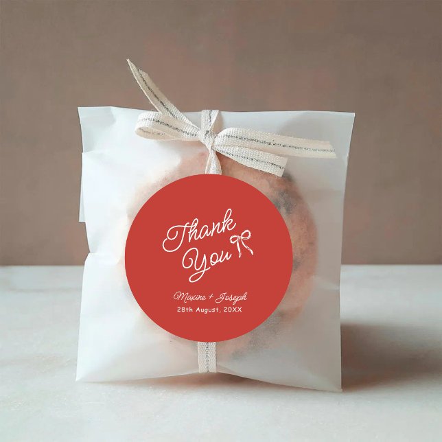 Red & White Hand Drawn Bow Wedding Classic Round Sticker (Red and white bow wedding stickers add a charming personal touch to favors.)