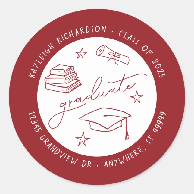 Red White Hand Drawn Graduate Envelope Seal (Front)