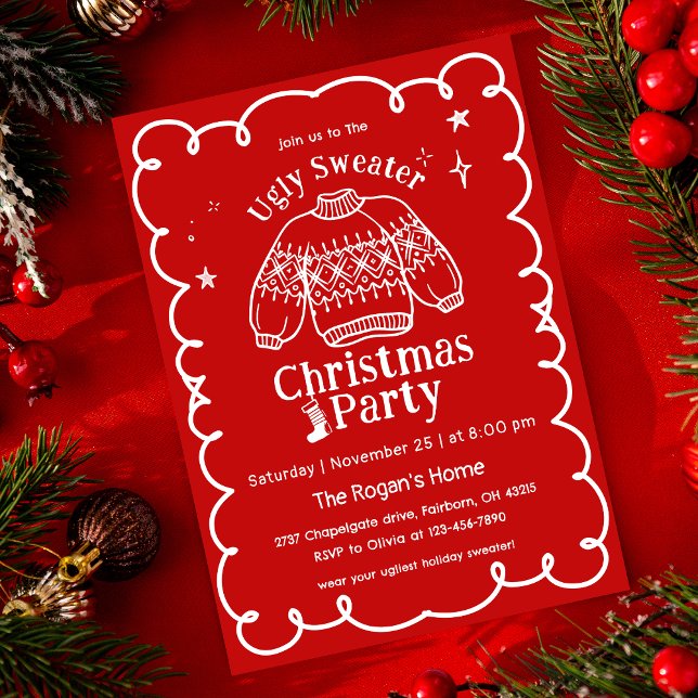 Red & White Hand Drawn Ugly Sweater Christmas Invitation (Creator Uploaded)