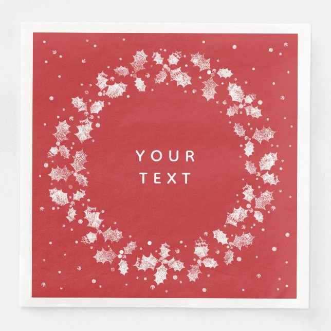 Red + White Hand Printed Holly Wreath Christmas Napkin (Front)