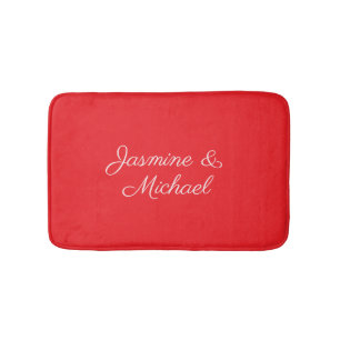 Red & White Handwriting Couple Names Wedding Bath Mat