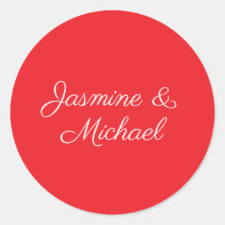 Red & White Handwriting Couple Names Wedding Classic Round Sticker