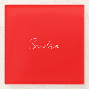 Red White Handwritten Minimalist Your Name Glass Coaster