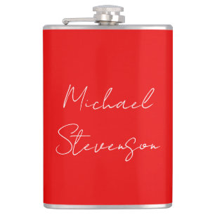 Red White Handwritten Minimalist Your Name Hip Flask