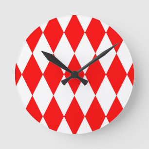 Red White Harlequin Diamonds Checkers Design Round Clock