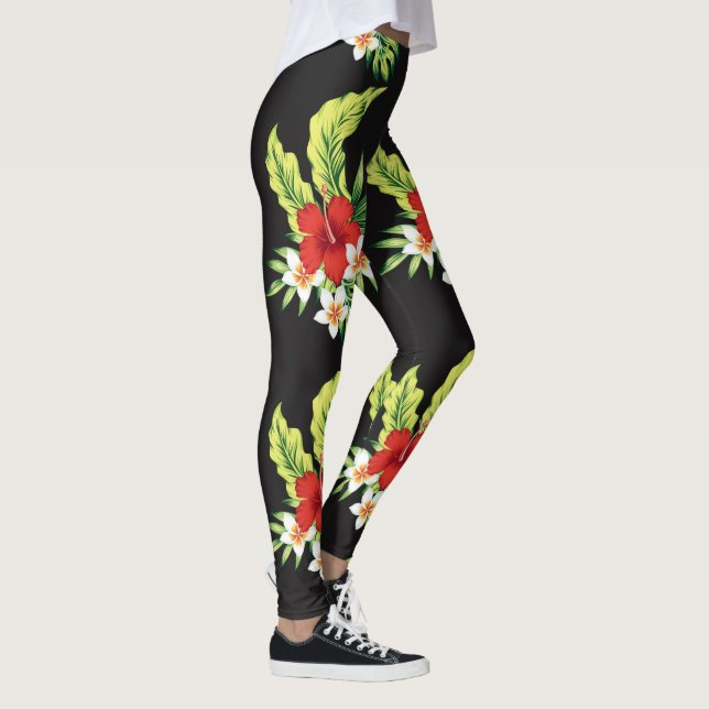 Red & White Hawaiian Hibiscus Pattern Leggings (Right)