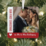 Red White Heart 1st Christmas Mr & Mrs Photo Metal Ornament<br><div class="desc">Celebrate your first Christmas as Mr & Mrs with this romantic square metal ornament personalized with your wedding photos,  one on either side,  and your new shared last name in a simple yet romantic design in red and white with a heart.</div>