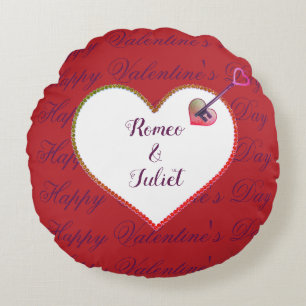 Red White Heart Elegant Vintage Valentines Day Round Pillow