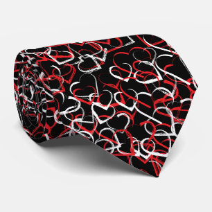 Red white heart pattern on black background tie