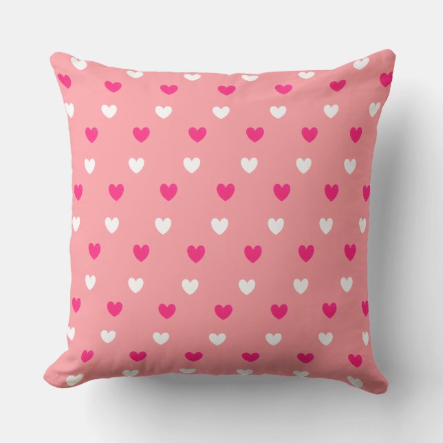 Red & White Heart Pattern on Coral Pink Throw Pillow (Front)