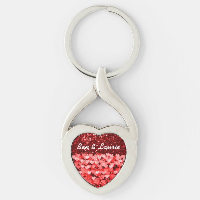 Red & White Hearts Faux Glitter Keychain (Front)